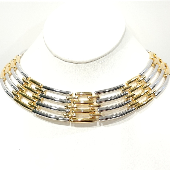 Vintage Givenchy Gold & Silver Two Tone Collar Necklace 14-inch - Picture 3 of 16